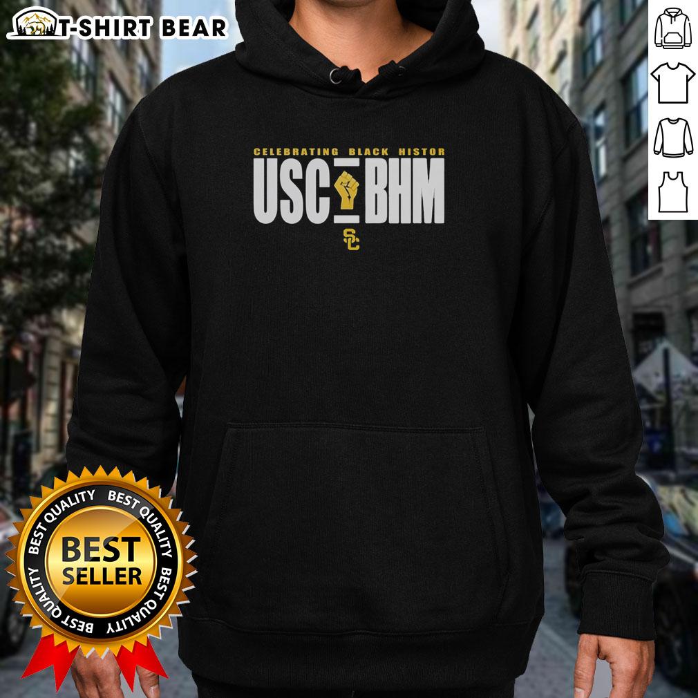 Alt Text: Hot USC BHM Black History Month logo hoodie featuring vibrant graphics celebrating Black culture and history.