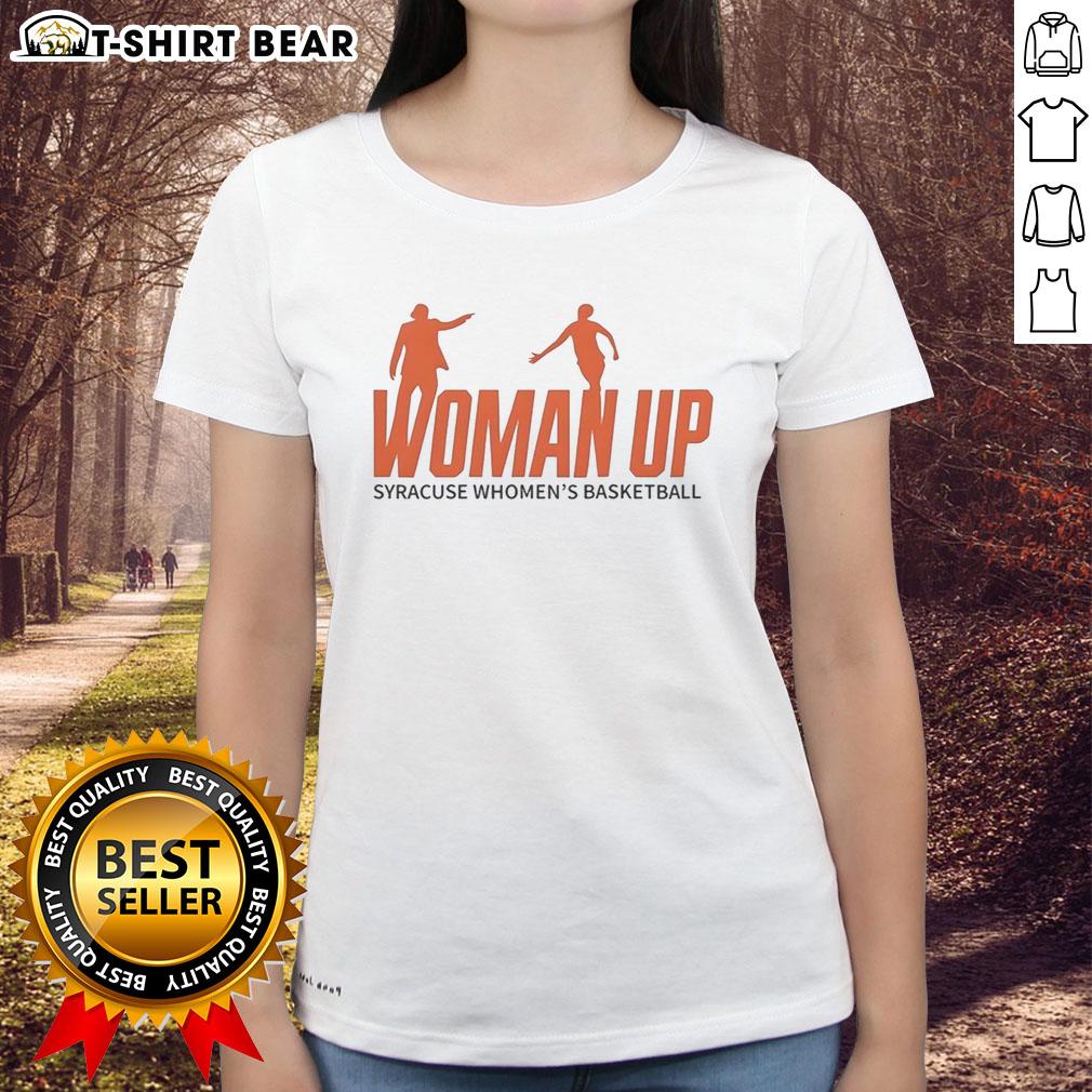 Nice Syracuse 2026 Women's Basketball Woman Up logo on a stylish ladies tee shirt for fans.