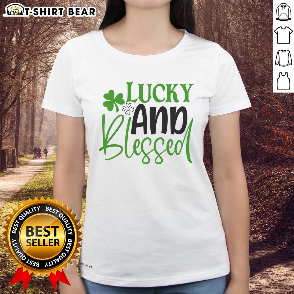 Official Lucky and Blessed Ladies Tee featuring a stylish design perfect for casual wear and expressing positivity.
