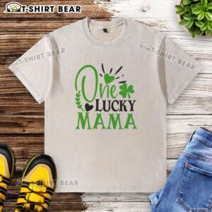 Official One Lucky Mama Irish Washed T-Shirt featuring a vibrant design perfect for St. Patrick's Day celebrations.