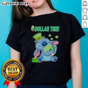 Official Stitch St. Patrick's Hug Dollar Tree logo on a ladies tee, perfect for festive celebrations.