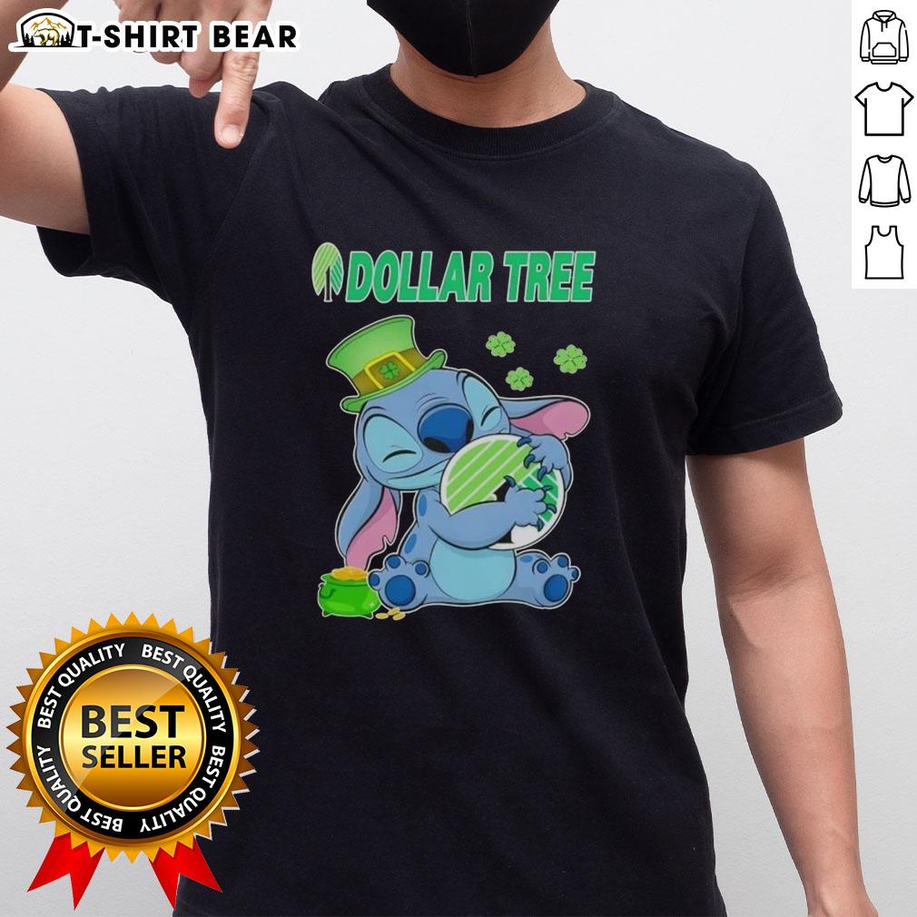 Official Stitch With St Patricks Hug Dollar Tree Logo T-Shirt featuring a festive design for St. Patrick's Day celebrations.