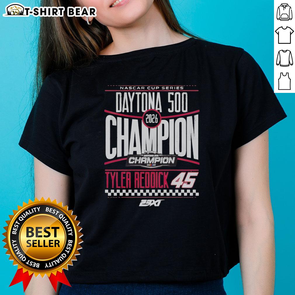Alt Text: Official Tyler Reddick 45 Checkered Flag Sports Tee for 2026 Daytona 500 Champion, perfect for female fans.