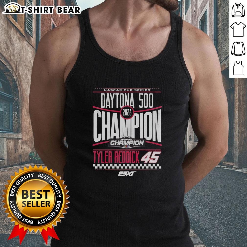 Official Tyler Reddick 45 checkered flag tank top celebrating the 2026 Daytona 500 Champion victory in racing fashion.