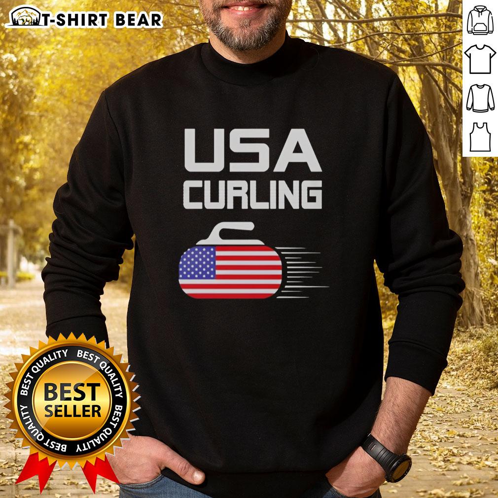 Alt Text: Official USA Curling sweatshirt featuring an American flag design and a stone graphic, perfect for curling fans.