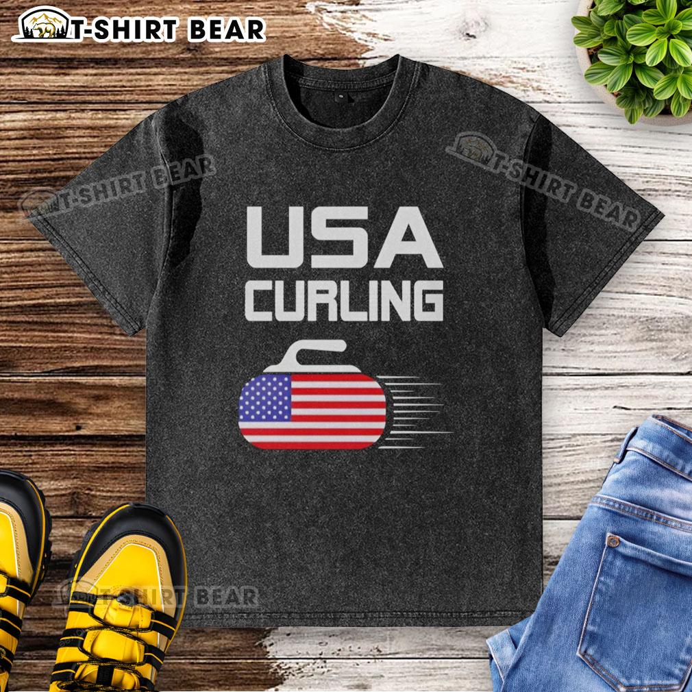 Official USA Curling American Flag Stone Washed T-Shirt featuring a patriotic design perfect for curling fans and enthusiasts.