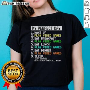 Alt Text: Retro ladies tee featuring 'My Perfect Day' design with video games and breakfast theme for gamers and casual wear.