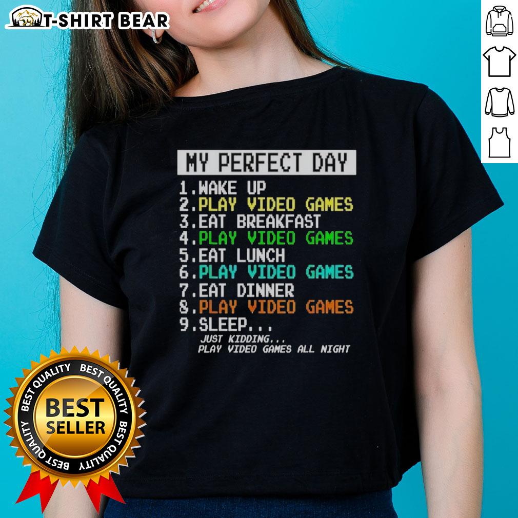 Alt Text: Retro ladies tee featuring 'My Perfect Day' design with video games and breakfast theme for gamers and casual wear.