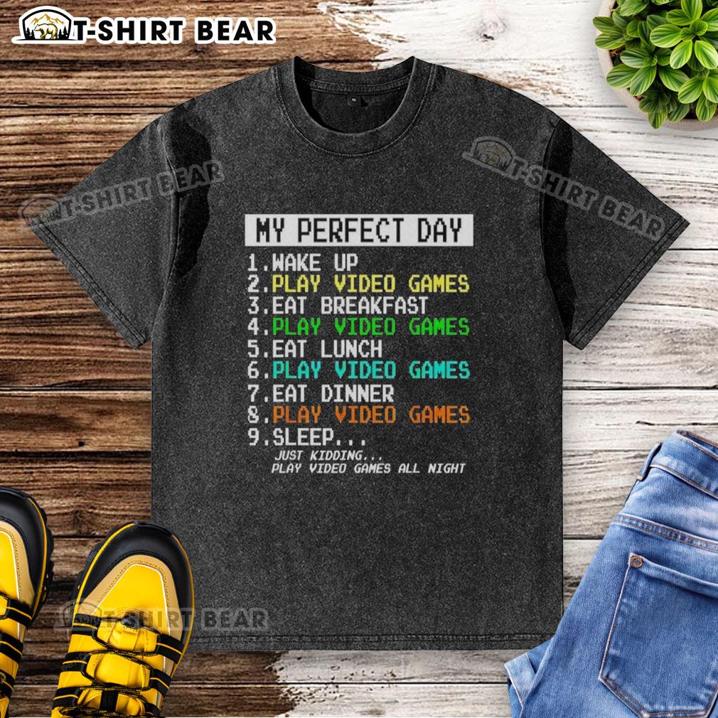 Alt Text: Original My Perfect Day retro washed t-shirt featuring video games and breakfast theme design.