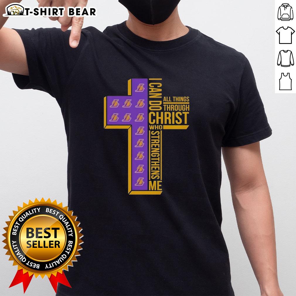 Alt Text: Premium Cross I Can Do All Things Through Christ Who Strengthens Me Los Angeles Lakers T-Shirt design.