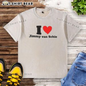 Alt Text: Premium I Love Jimmy Van Schie washed t-shirt displayed on a hanger, showcasing its soft fabric and stylish design.