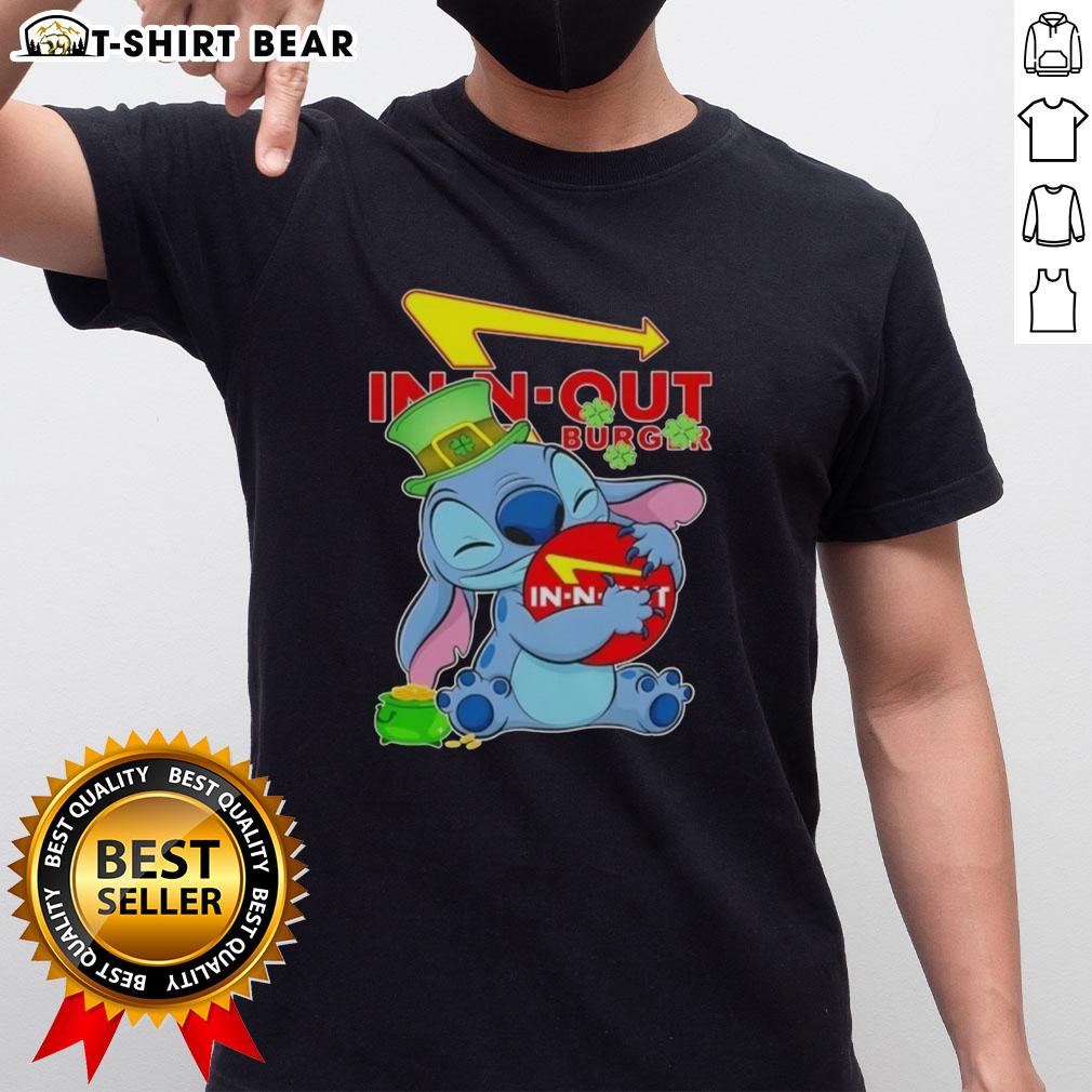 Pretty Stitch Hug T-Shirt featuring the In-N-Out Burger logo for a fun Happy Patrick's Day celebration.