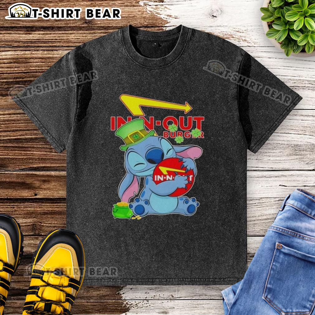 Happy St. Patrick's Day washed t-shirt featuring a pretty stitch hug design with the In-N-Out Burger logo.