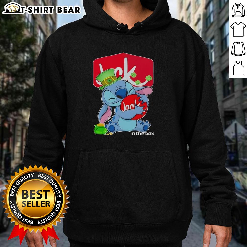 Happy St. Patrick's Day hoodie featuring the Pretty Stitch Hug and Jack in the Box logo in vibrant colors.