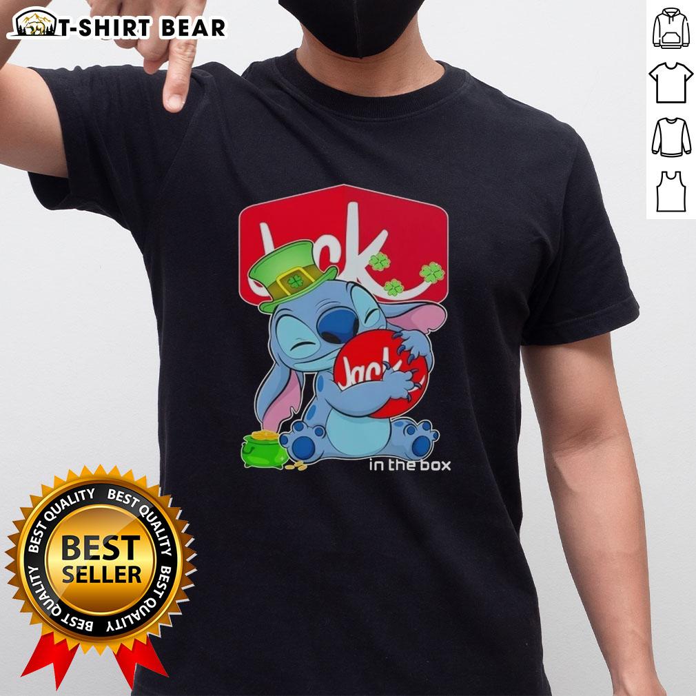Pretty Stitch Hug The Jack In The Box logo on a cheerful Happy Patrick's Day T-Shirt design for festive celebrations.