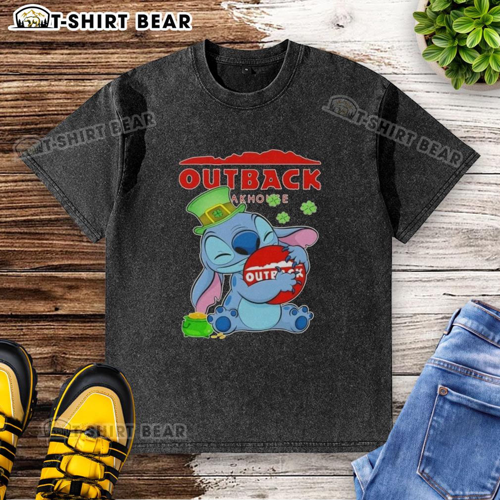 Happy St. Patrick's Day washed t-shirt featuring Pretty Stitch Hug Outback Steakhouse logo design.