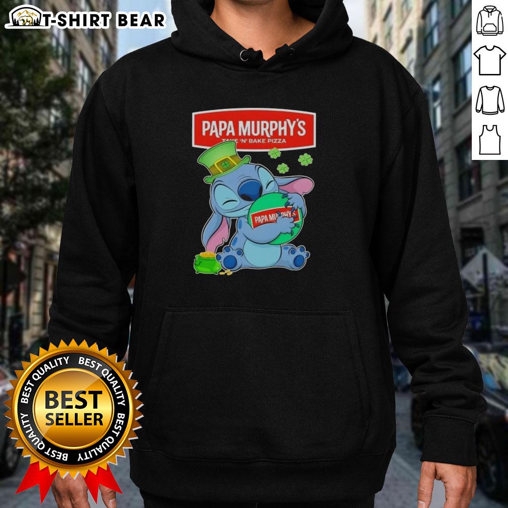 Pretty Stitch Hug The Papa Murphy's Logo Happy St. Patrick's Day Hoodie with vibrant green design and festive graphics.