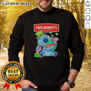 Happy St. Patrick's Day sweatshirt featuring Pretty Stitch Hug and Papa Murphy's logo in vibrant green colors.