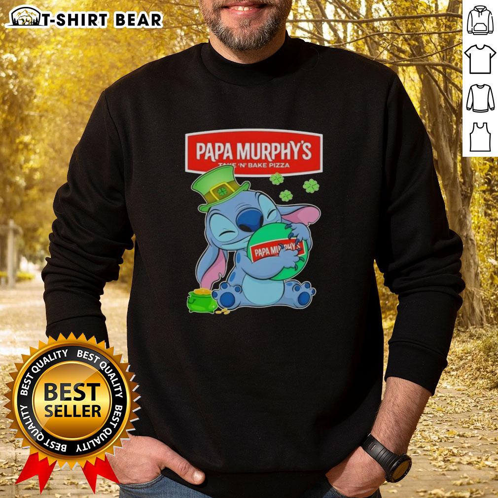 Happy St. Patrick's Day sweatshirt featuring Pretty Stitch Hug and Papa Murphy's logo in vibrant green colors.