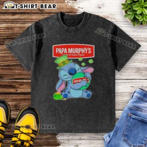 Alt Text: Happy St. Patrick's Day washed t-shirt featuring Pretty Stitch Hug and the Papa Murphy's logo design.