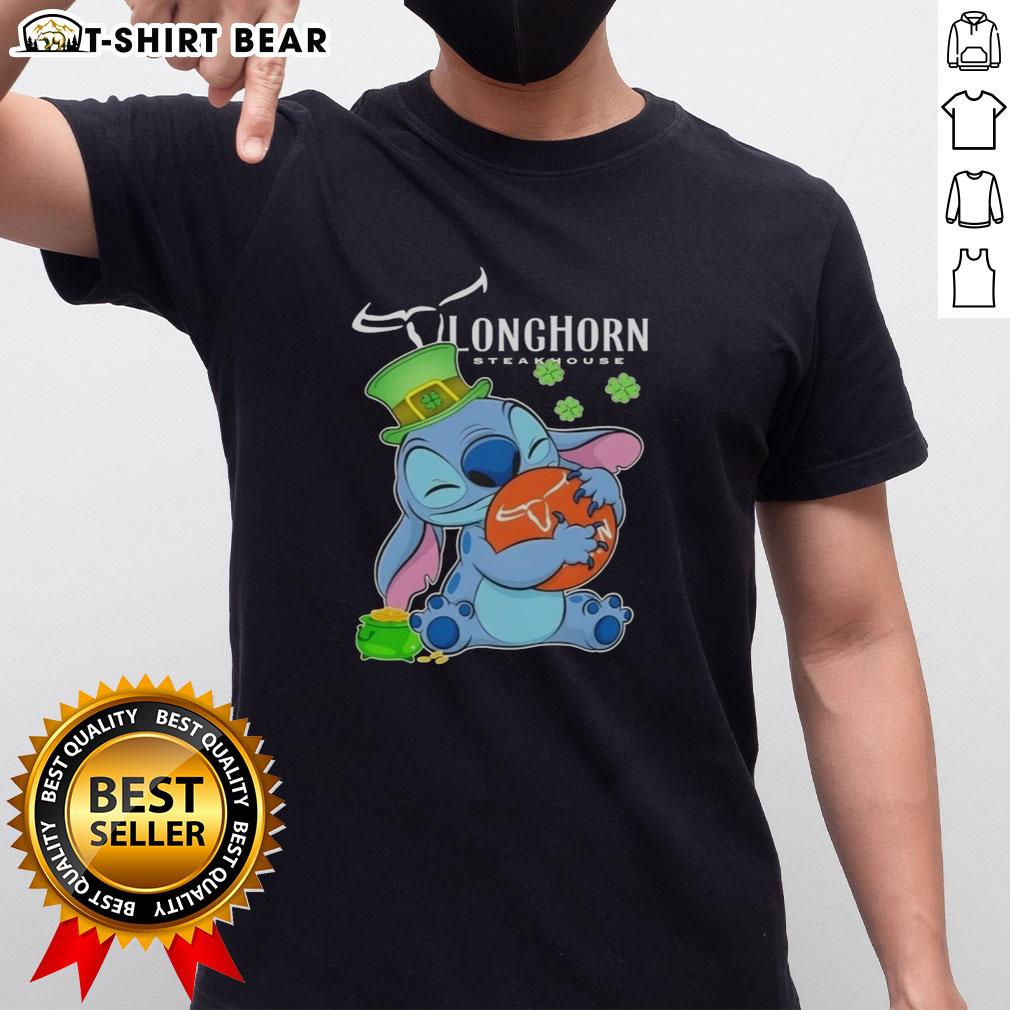 Pretty Stitch Hug T-Shirt featuring the Texas Longhorn Steakhouse logo, perfect for a festive St. Patrick's Day celebration.