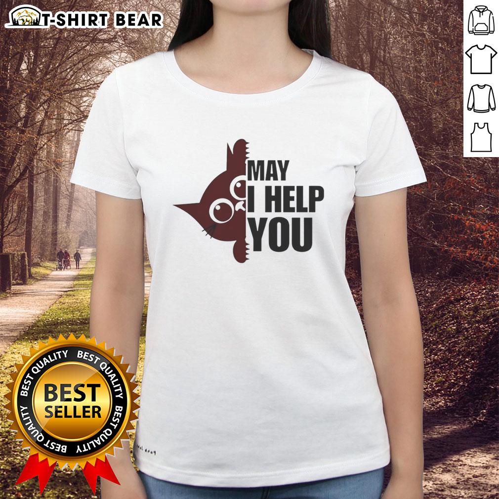 Top Cat May I Help You Ladies Tee featuring a playful cat graphic, perfect for cat lovers and casual wear.