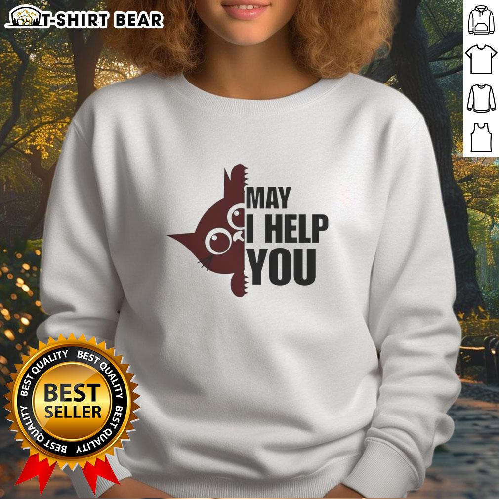 Alt Text: Cozy Top Cat May I Help You sweatshirt featuring a playful cat graphic, perfect for casual wear and cat lovers.