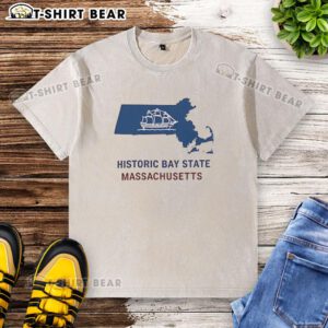 Alt Text: Vintage Massachusetts map design on a washed t-shirt, showcasing the historic Bay State's iconic landmarks and features.