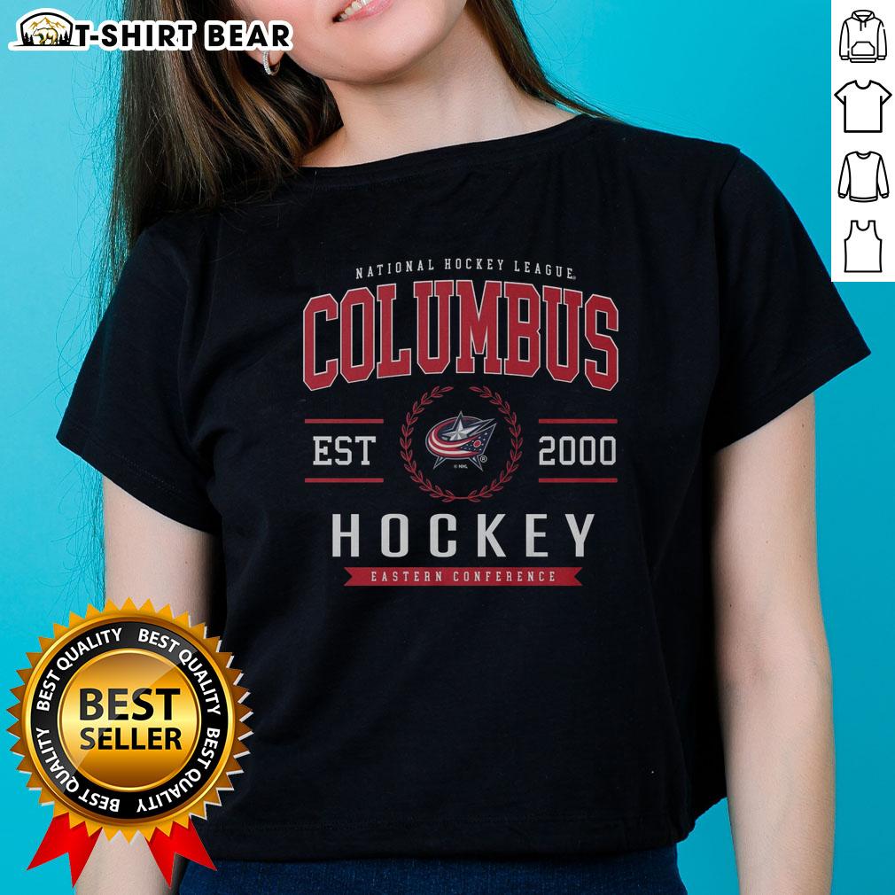 Awesome Columbus Blue Jackets Hockey Legacy Crest Ladies Tee featuring vibrant team colors and stylish design.