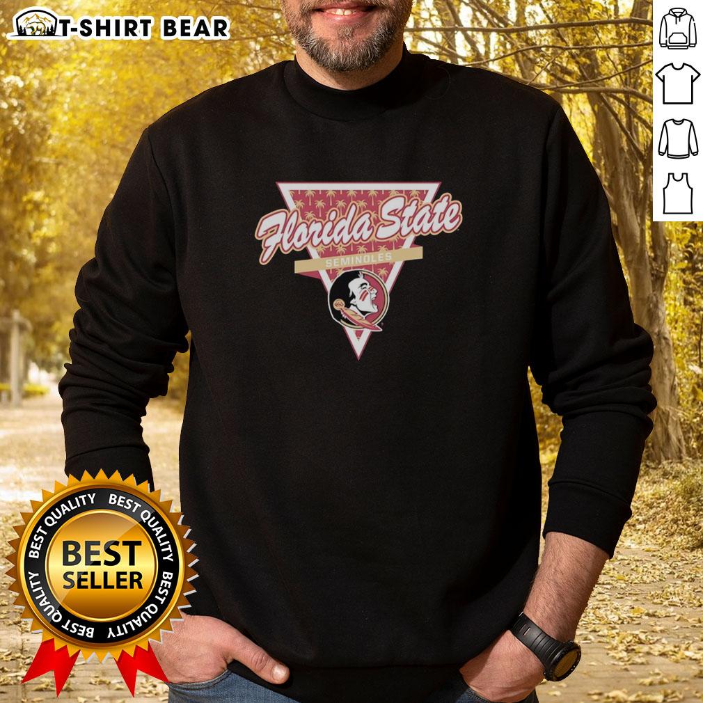 Alt Text: Awesome Florida State Seminoles basketball sweatshirt featuring a palm tree pattern inside a triangle logo.