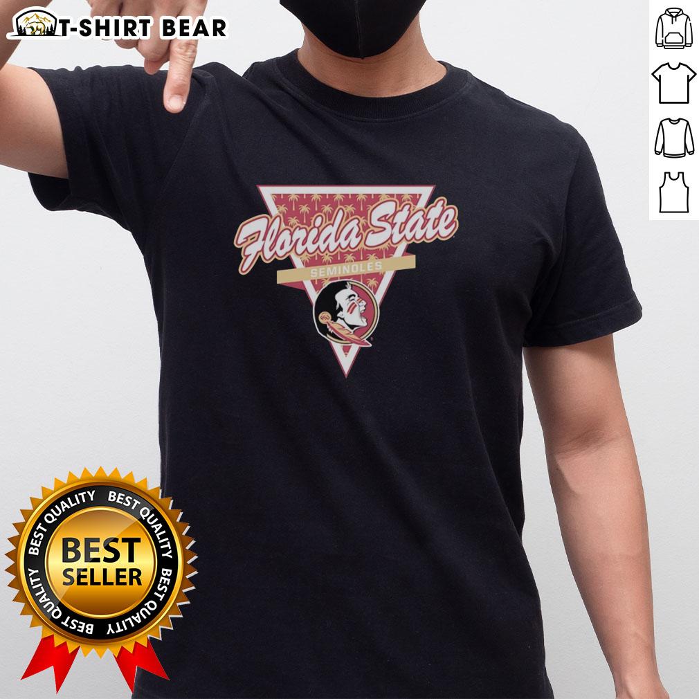 Alt Text: Florida State Seminoles basketball t-shirt featuring a palm tree pattern inside a triangle logo design.