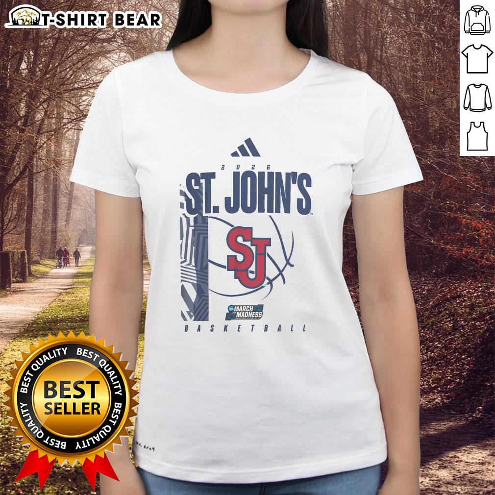 Alt Text: Awesome St. Johns Red Storm March Madness ladies tee in vibrant red, perfect for fans during the NCAA tournament.