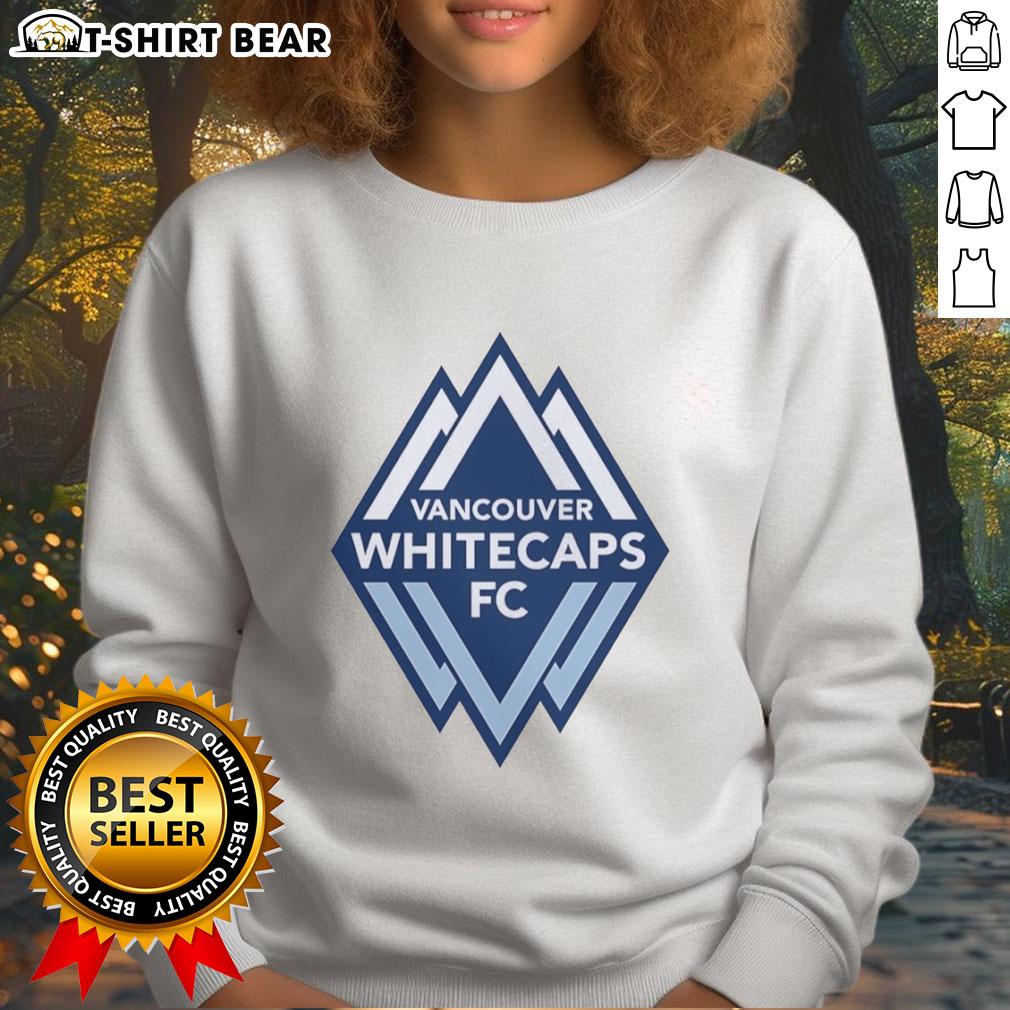Alt Text: Awesome Vancouver Whitecaps FC primary logo sweatshirt featuring blue and white colors, perfect for fans.