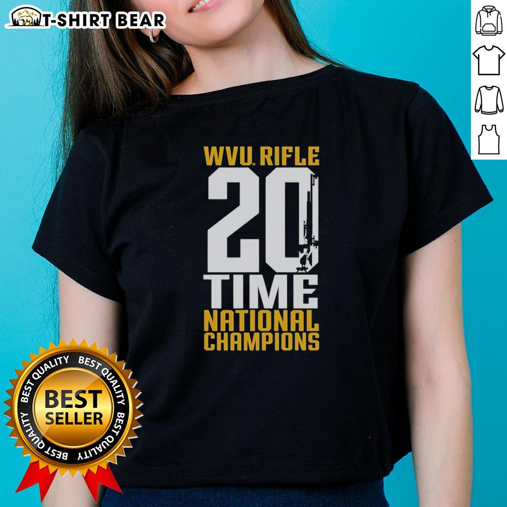 Awesome WVU West Virginia Mountaineers Rifle 20-Time National Champions ladies tee in stylish design.
