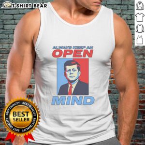 Retro tank top featuring a portrait of John F. Kennedy with the quote 'Always Keep An Open Mind' for stylish inspiration.