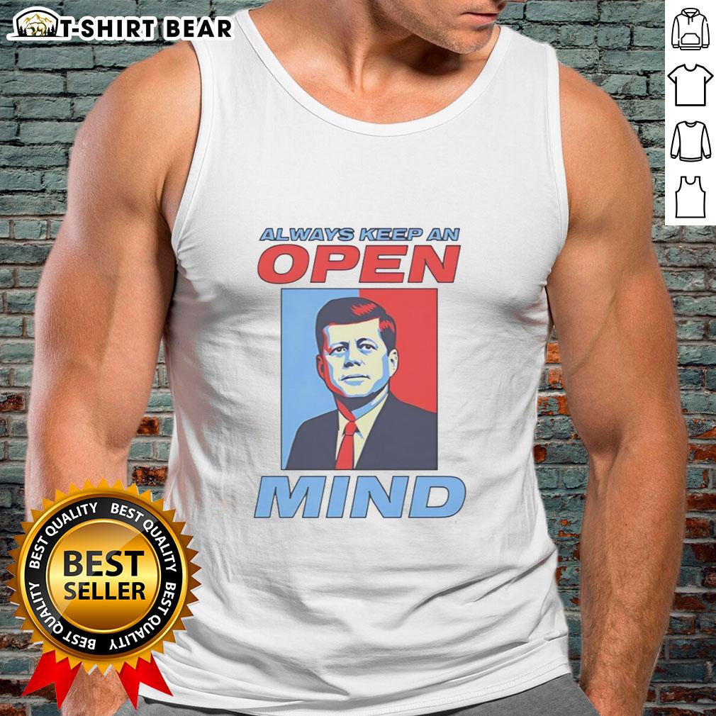 Retro tank top featuring a portrait of John F. Kennedy with the quote 'Always Keep An Open Mind' for stylish inspiration.