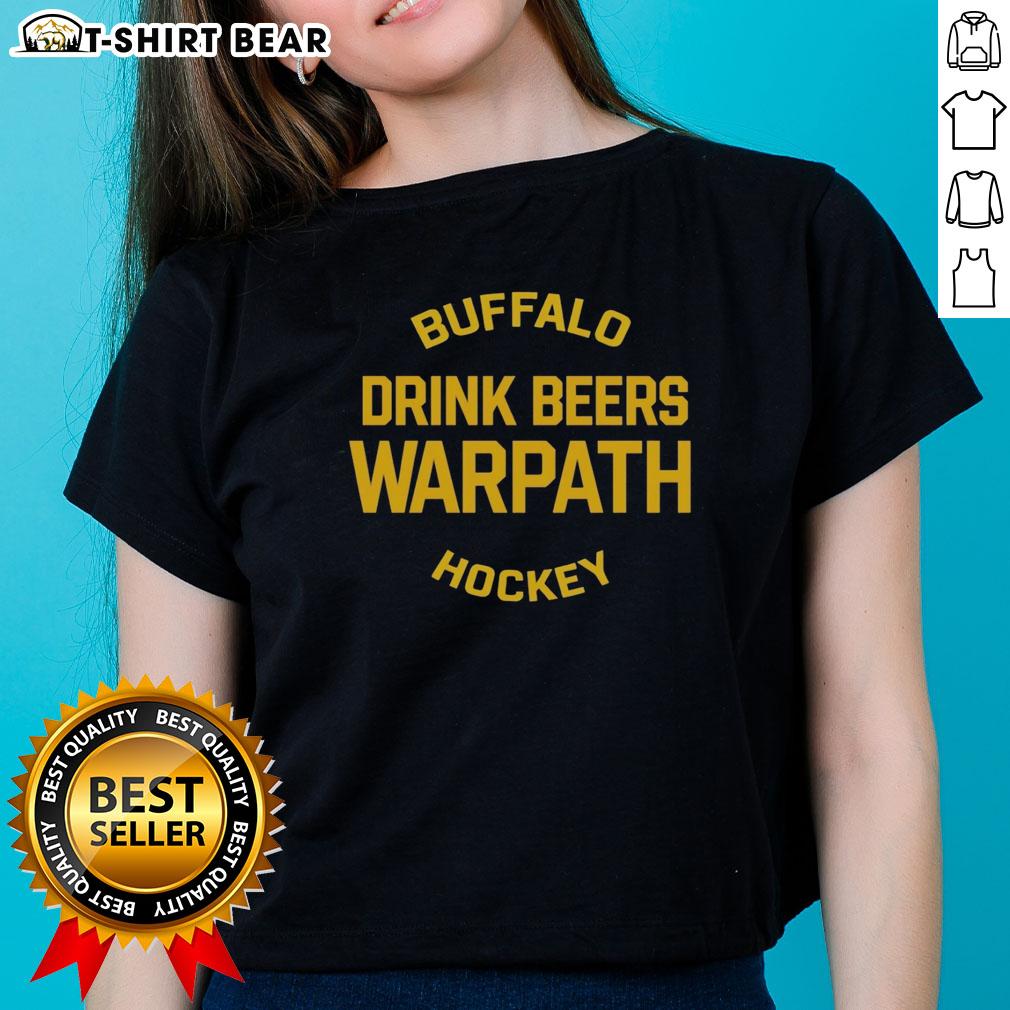 Nice Buffalo drink beers while wearing Warpath Hockey ladies tee, showcasing team spirit and fun vibes.