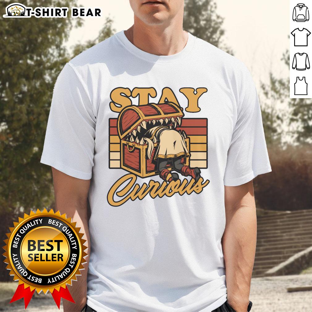 Nice Frieren Elf Anime Treasure Stay Curious T-Shirt featuring a colorful design of a fantasy elf character.