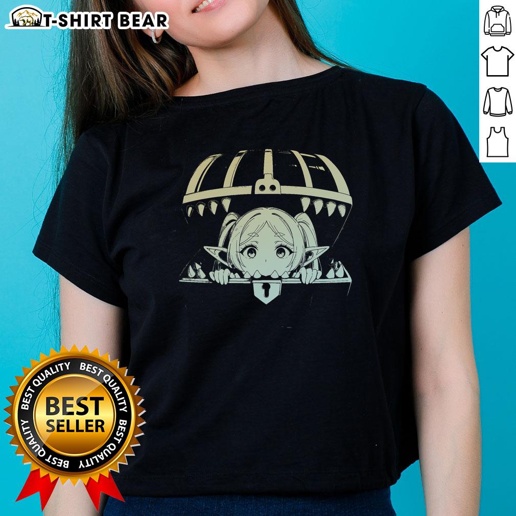 Anime ladies tee featuring artwork from 'Freen Beyond Journey's End,' showcasing vibrant characters in a dynamic design.