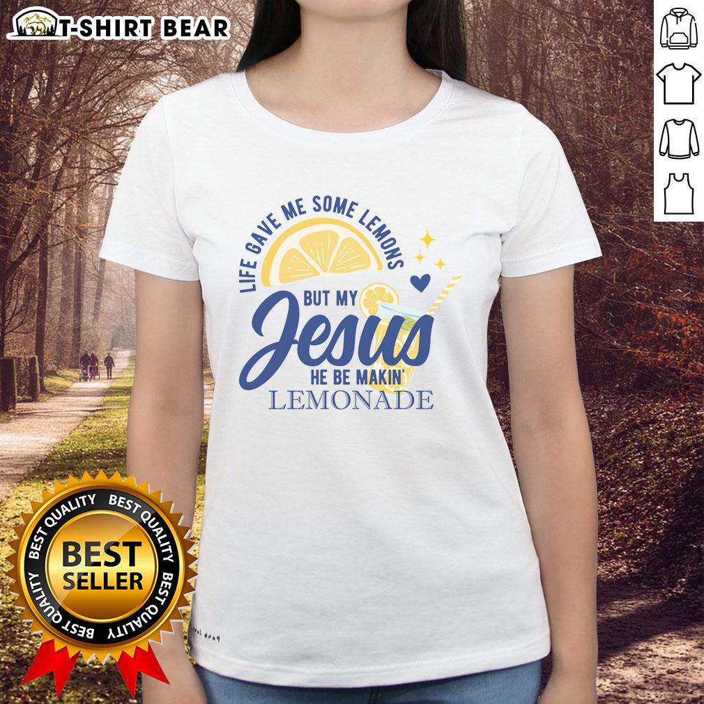 Womens tee featuring 'Life Gave Me Lemons, My Jesus Makes Lemonade' design, perfect for faith-inspired fashion.