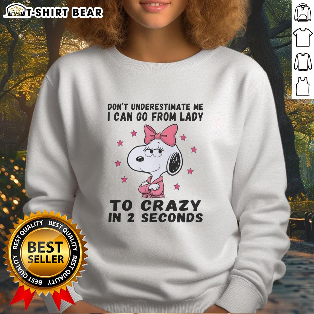 Snoopy sweatshirt with 'Don't Underestimate Me' quote, showcasing playful design and vibrant colors.