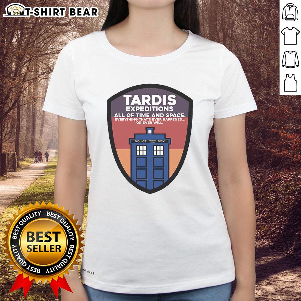 Alt Text: Women's T-shirt featuring the TARDIS police call box design from 'Nice Tardis Expeditions: All of Time and Space'.