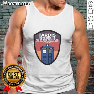 Nice Tardis Expeditions tank top featuring the iconic time and space police call box design for fans of Doctor Who.