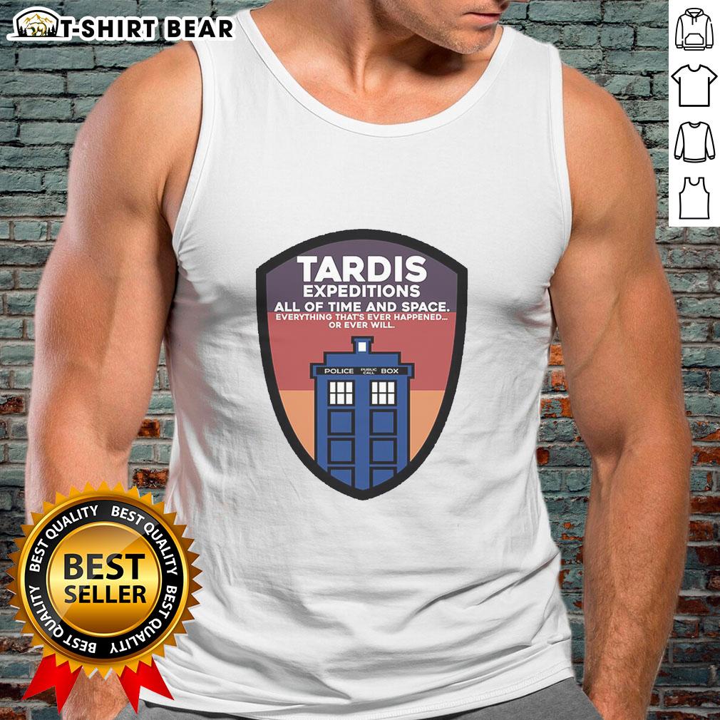 Nice Tardis Expeditions tank top featuring the iconic time and space police call box design for fans of Doctor Who.
