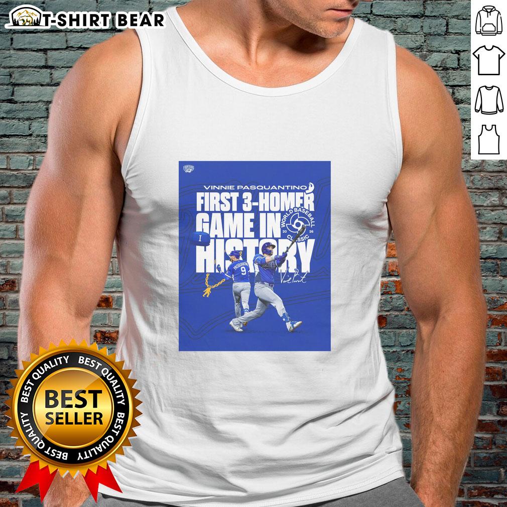 Alt Text: Vinnie Pasquantino celebrates his historic 3-home run game in the 2026 World Baseball Classic, wearing a tank top.