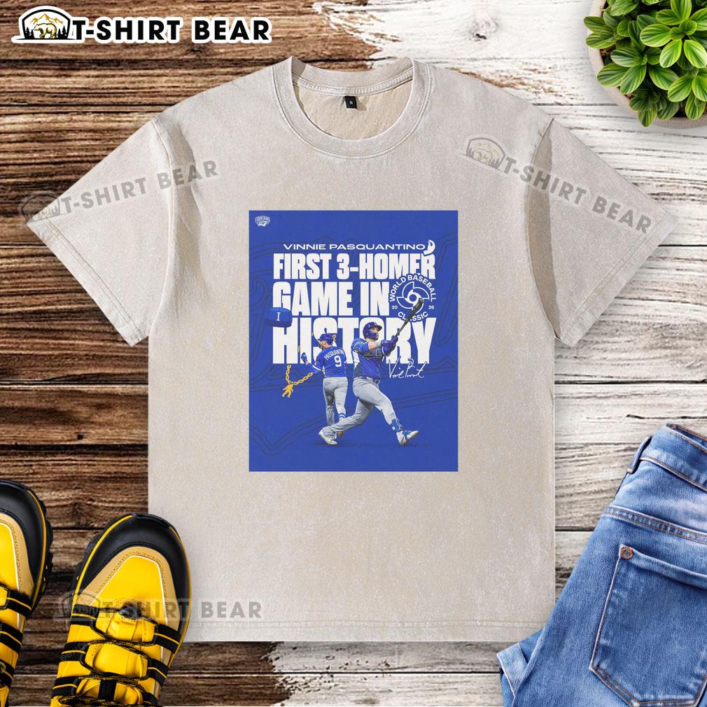 Vinnie Pasquantino celebrates his historic 3-homer game at the 2026 World Baseball Classic in a stylish washed t-shirt.