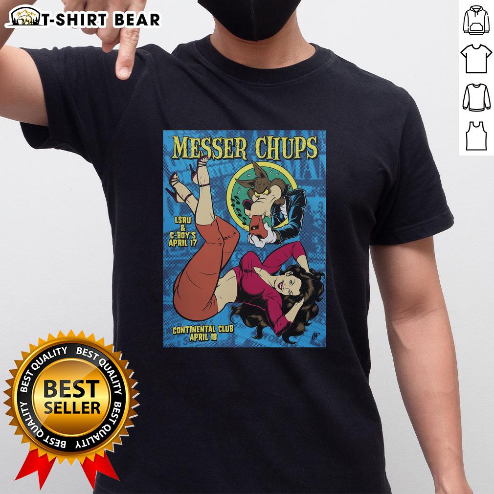 Alt Text: Official Messer Chups Whistle Bait silkscreen poster T-shirt featuring vibrant graphics and retro design.