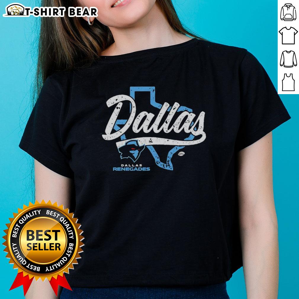 Alt Text: Original Dallas Renegades UFL state outline ladies tee in vibrant colors, perfect for fans of the team.