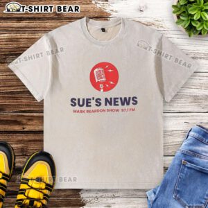 Original Sue's News Mark Reardon Show 97.1 FM washed t-shirt featuring vibrant graphics and a comfortable fit.