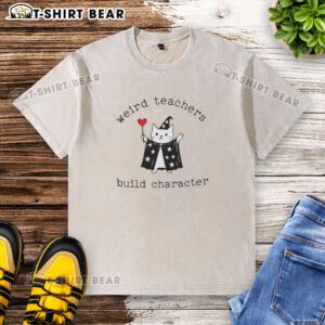 Funny teacher wearing a washed T-shirt, showcasing original weird teachers who build character in the classroom.